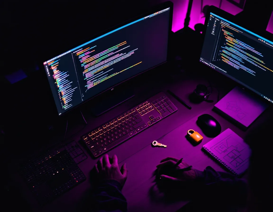 A security tester at a desk working through terminal output, with a hardware key and a hand-drawn network diagram